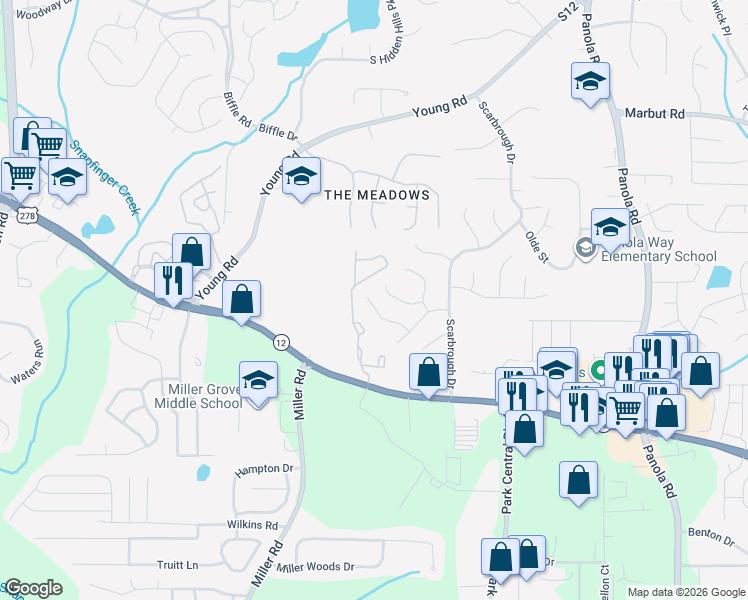 map of restaurants, bars, coffee shops, grocery stores, and more near 2122 Scarbrough Road in Stone Mountain