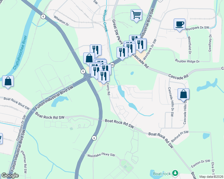map of restaurants, bars, coffee shops, grocery stores, and more near 5684 Cascade Run in Atlanta