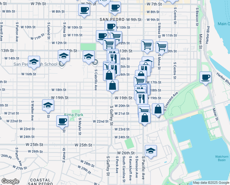 map of restaurants, bars, coffee shops, grocery stores, and more near 653 West 18th Street in Los Angeles