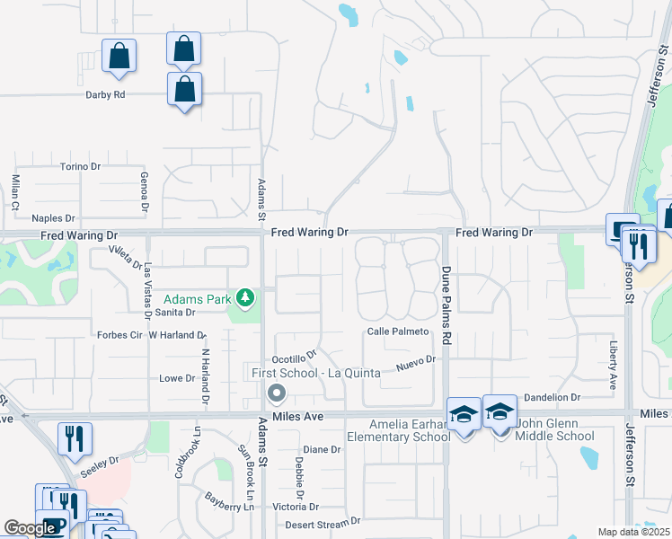 map of restaurants, bars, coffee shops, grocery stores, and more near 44185 Camino Lavanda in La Quinta