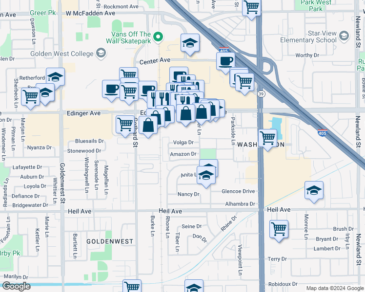 map of restaurants, bars, coffee shops, grocery stores, and more near 7602 Volga Drive in Huntington Beach