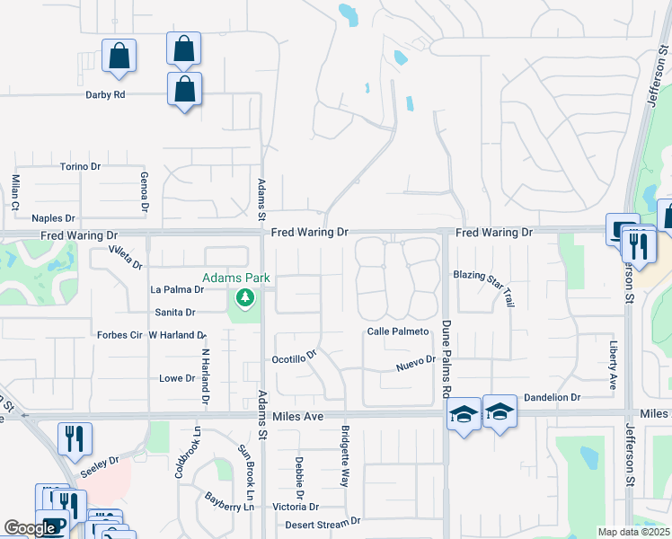 map of restaurants, bars, coffee shops, grocery stores, and more near 44185 Camino Lavanda in La Quinta