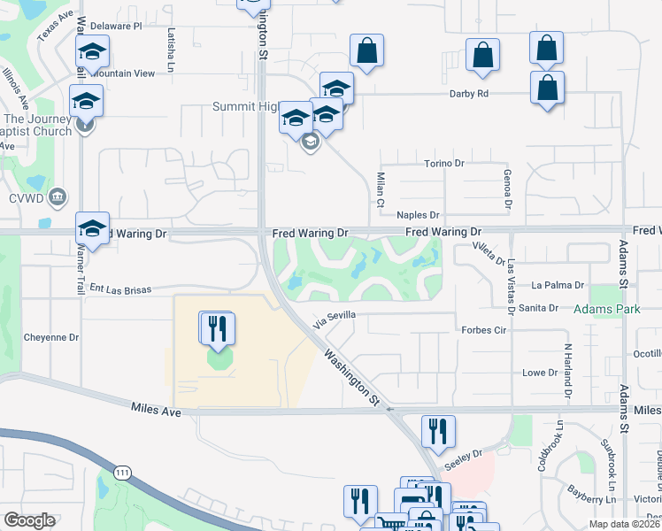 map of restaurants, bars, coffee shops, grocery stores, and more near 78197 Indigo Drive in La Quinta