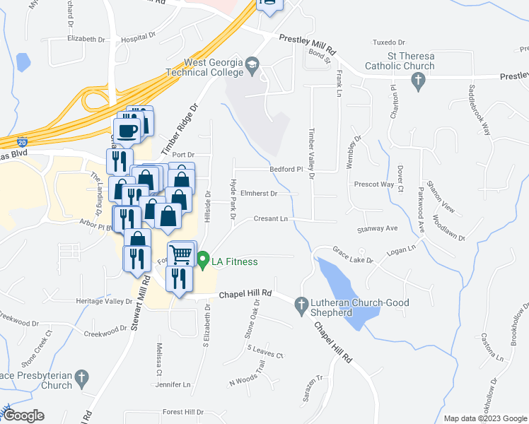 map of restaurants, bars, coffee shops, grocery stores, and more near 4667 Cresant Lane in Douglasville