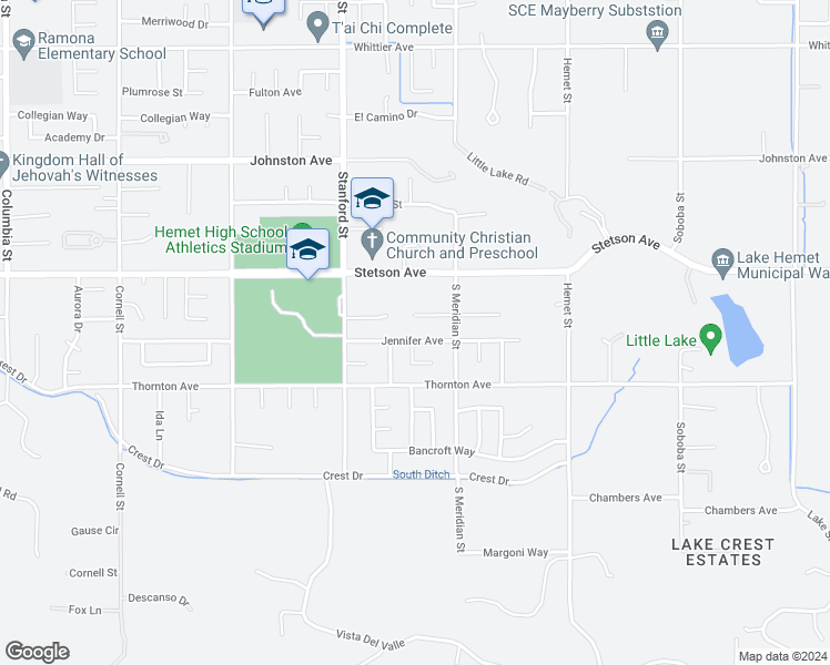 map of restaurants, bars, coffee shops, grocery stores, and more near 41902 Jennifer Avenue in Hemet