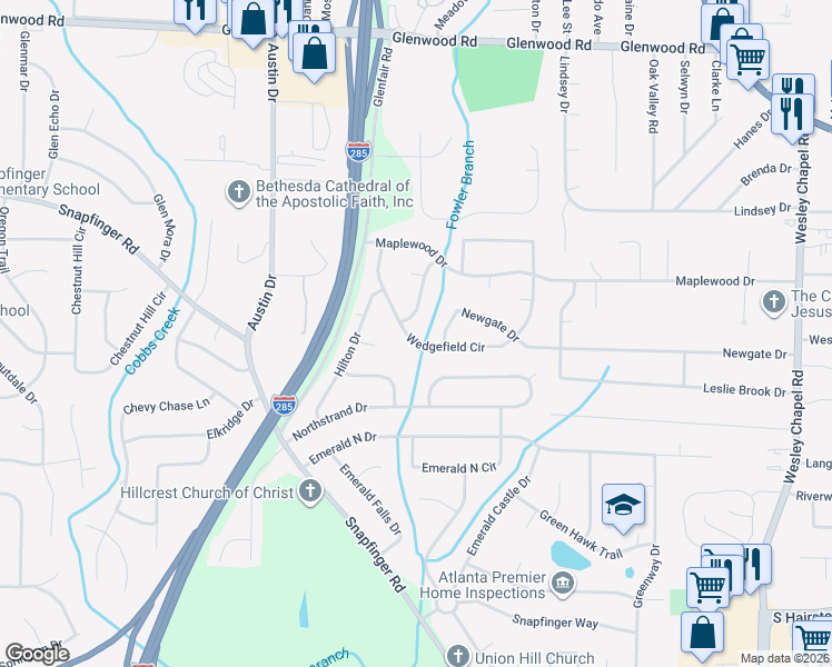 map of restaurants, bars, coffee shops, grocery stores, and more near 3911 Wedgefield Circle in Decatur