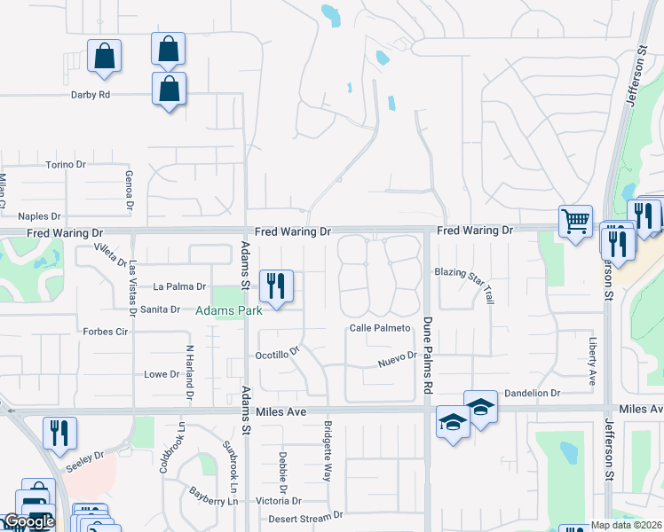 map of restaurants, bars, coffee shops, grocery stores, and more near 44180 Camino Lavanda in La Quinta
