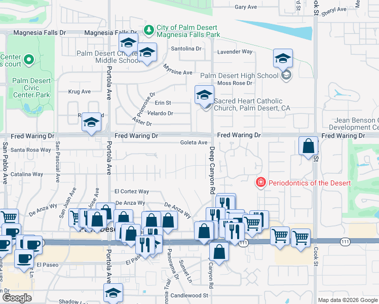 map of restaurants, bars, coffee shops, grocery stores, and more near 44226 Hazel Canyon Lane in Palm Desert