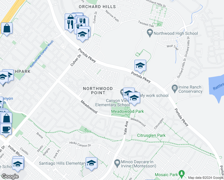 map of restaurants, bars, coffee shops, grocery stores, and more near Straw Flower in Irvine