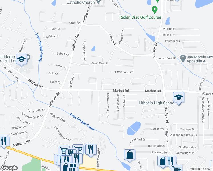 map of restaurants, bars, coffee shops, grocery stores, and more near 6083 Raintree Bend in Lithonia