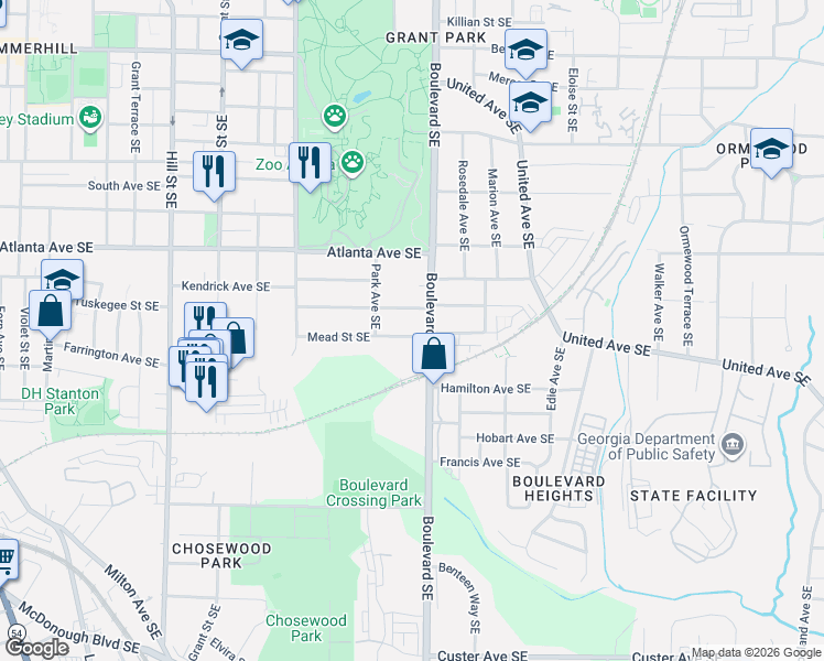 map of restaurants, bars, coffee shops, grocery stores, and more near 558 Mead Street Southeast in Atlanta