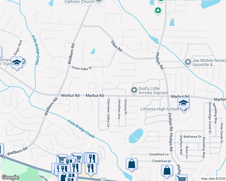 map of restaurants, bars, coffee shops, grocery stores, and more near 6101 Raintree Bend in Lithonia