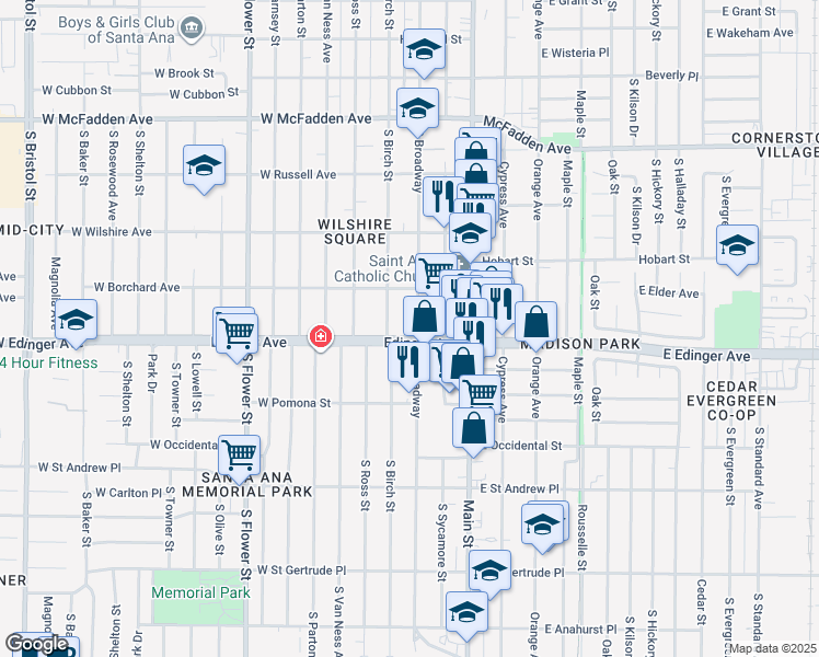 map of restaurants, bars, coffee shops, grocery stores, and more near 1438 South Broadway in Santa Ana