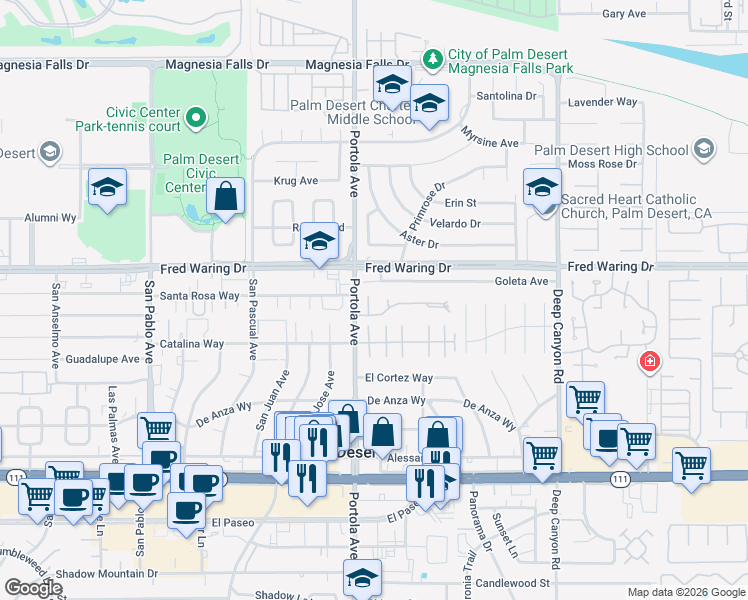 map of restaurants, bars, coffee shops, grocery stores, and more near 44220 Anacapa Way in Palm Desert