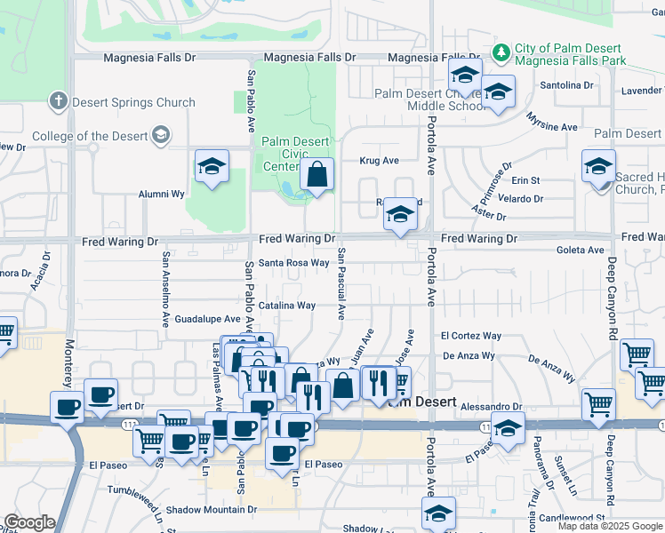 map of restaurants, bars, coffee shops, grocery stores, and more near 73735 Santa Rosa Way in Palm Desert