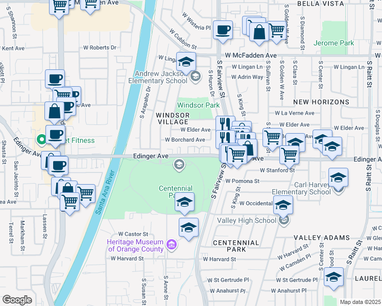 map of restaurants, bars, coffee shops, grocery stores, and more near 2929 West Edinger Avenue in Santa Ana