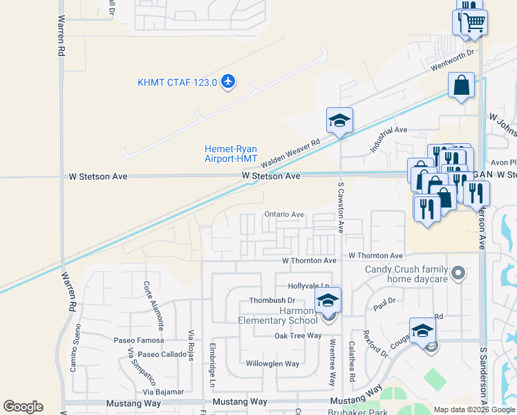 map of restaurants, bars, coffee shops, grocery stores, and more near 4613 Goldfinch Street in Hemet