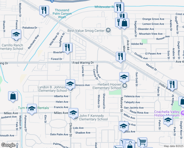 map of restaurants, bars, coffee shops, grocery stores, and more near 81806 Olea Avenue in Indio