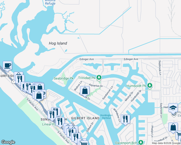 map of restaurants, bars, coffee shops, grocery stores, and more near 3518 Windspun Drive in Huntington Beach