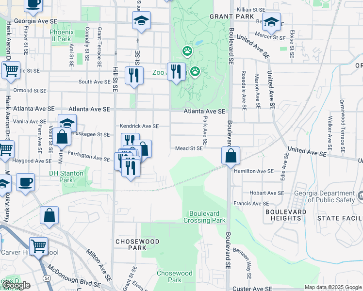 map of restaurants, bars, coffee shops, grocery stores, and more near 470 Mead Street Southeast in Atlanta