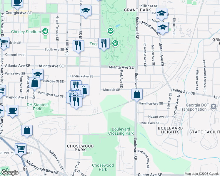 map of restaurants, bars, coffee shops, grocery stores, and more near 466 Mead Street Southeast in Atlanta