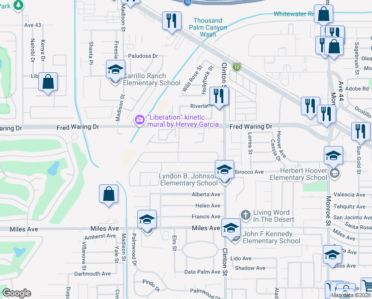 map of restaurants, bars, coffee shops, grocery stores, and more near 81334 Avenida Gonzalez in Indio
