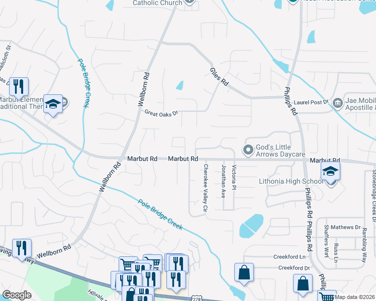 map of restaurants, bars, coffee shops, grocery stores, and more near 2097 Raintree Place in Lithonia