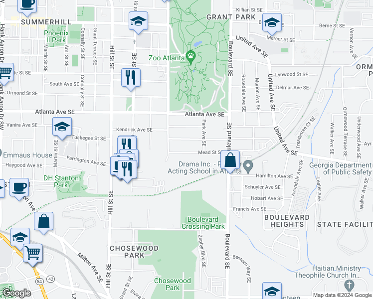 map of restaurants, bars, coffee shops, grocery stores, and more near 470 Mead Street Southeast in Atlanta
