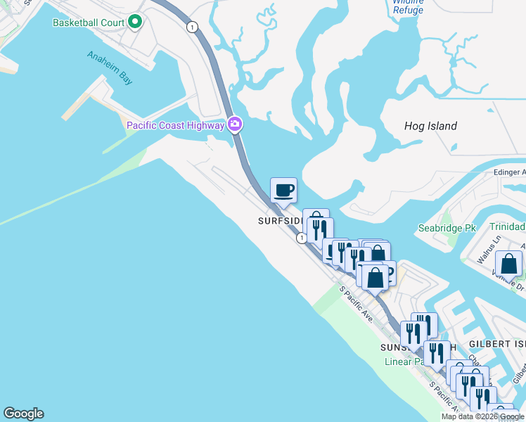 map of restaurants, bars, coffee shops, grocery stores, and more near 2 Surfside Avenue in Seal Beach