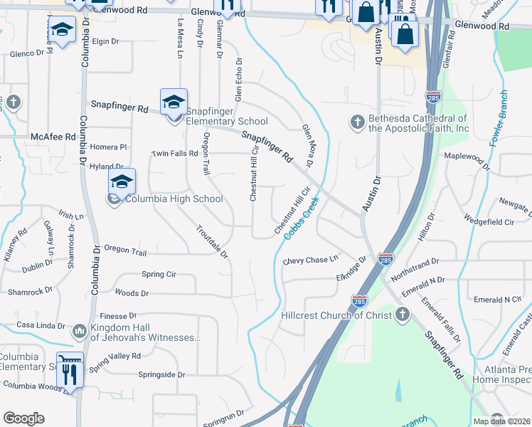 map of restaurants, bars, coffee shops, grocery stores, and more near 2119 Royal Fox Way in Decatur