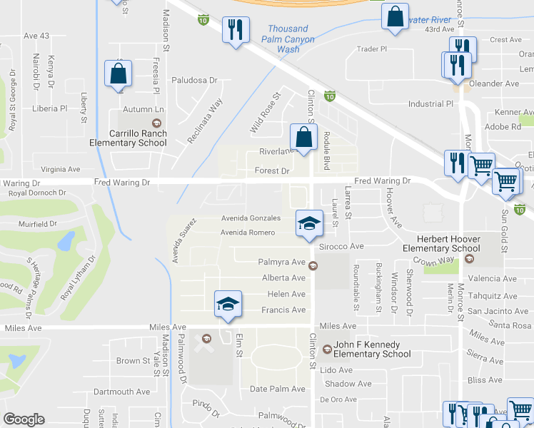 map of restaurants, bars, coffee shops, grocery stores, and more near 81334 Avenida Gonzalez in Indio