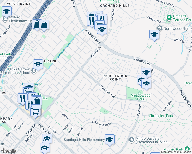 map of restaurants, bars, coffee shops, grocery stores, and more near 449 Ridgeway in Irvine