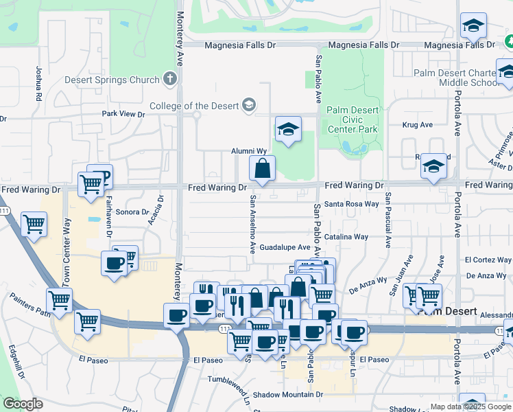 map of restaurants, bars, coffee shops, grocery stores, and more near 73261 Santa Rosa Way in Palm Desert