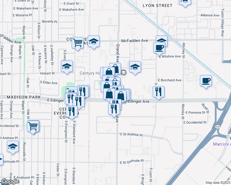 map of restaurants, bars, coffee shops, grocery stores, and more near 1540 S Grand Ave in Santa Ana