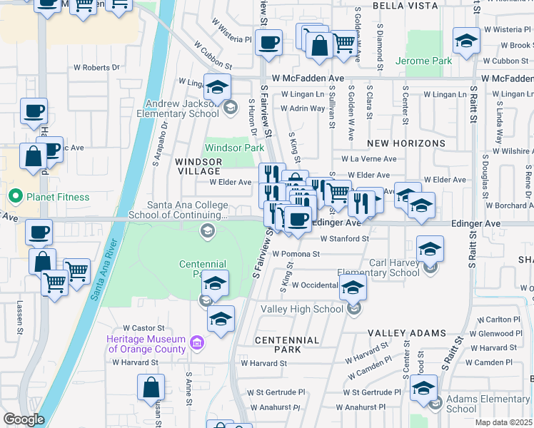 map of restaurants, bars, coffee shops, grocery stores, and more near in Santa Ana