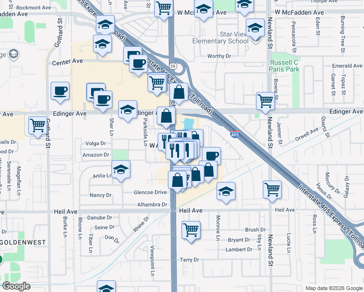 map of restaurants, bars, coffee shops, grocery stores, and more near 7986 Stark Drive in Huntington Beach