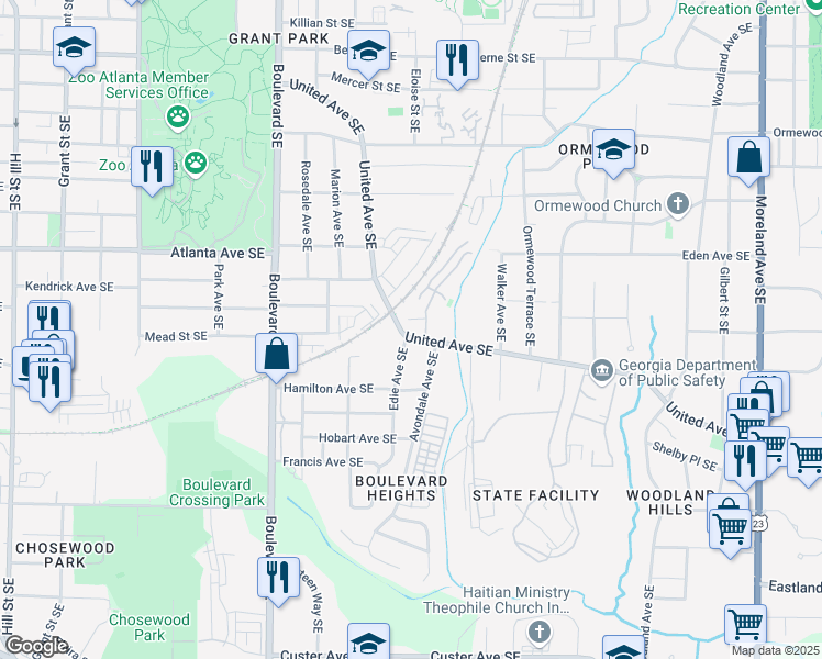 map of restaurants, bars, coffee shops, grocery stores, and more near 990 United Avenue Southeast in Atlanta
