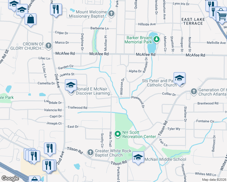 map of restaurants, bars, coffee shops, grocery stores, and more near 2144 Mark Trail in Decatur