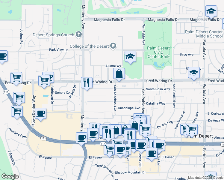 map of restaurants, bars, coffee shops, grocery stores, and more near 73261 Santa Rosa Way in Palm Desert