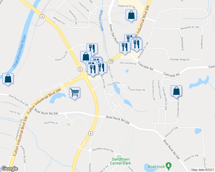 map of restaurants, bars, coffee shops, grocery stores, and more near 5688 Cascade Run in Atlanta