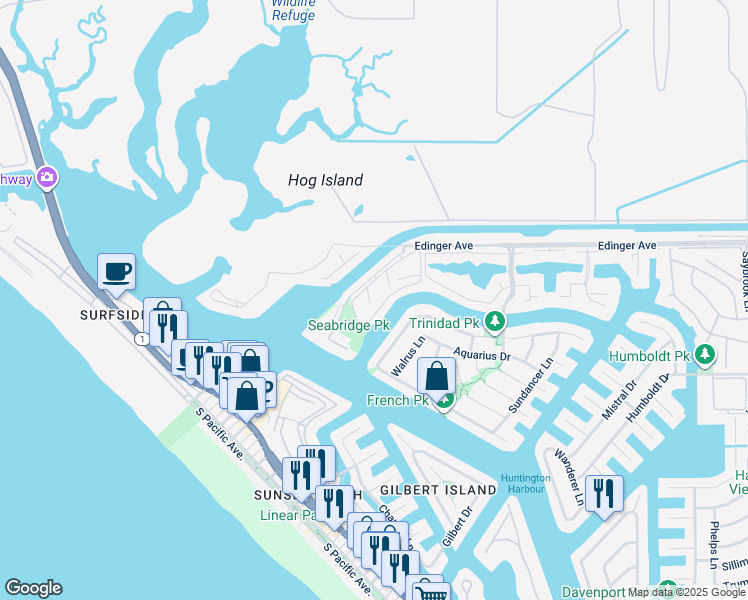 map of restaurants, bars, coffee shops, grocery stores, and more near 16146 Twinkle Circle in Huntington Beach