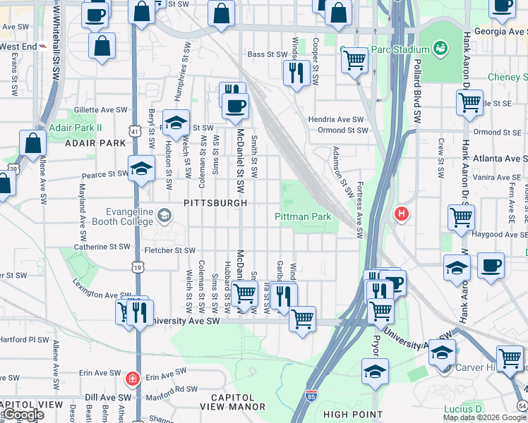 map of restaurants, bars, coffee shops, grocery stores, and more near 1000 Smith Street Southwest in Atlanta