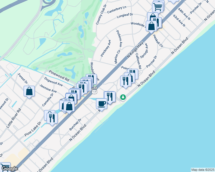 map of restaurants, bars, coffee shops, grocery stores, and more near 5406 Hampton Circle in Myrtle Beach