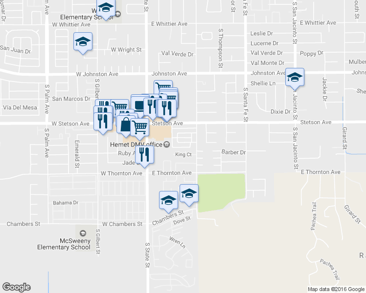map of restaurants, bars, coffee shops, grocery stores, and more near 381 Gardenia Circle in Hemet