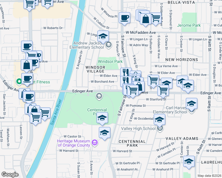 map of restaurants, bars, coffee shops, grocery stores, and more near 2929 West Edinger Avenue in Santa Ana