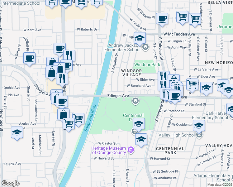 map of restaurants, bars, coffee shops, grocery stores, and more near 3206 West Hood Avenue in Santa Ana