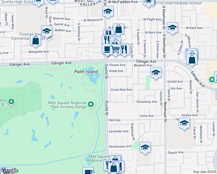 map of restaurants, bars, coffee shops, grocery stores, and more near 16233 Mount Baden Powell Street in Fountain Valley