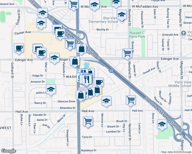 map of restaurants, bars, coffee shops, grocery stores, and more near 16171 Malaga Lane in Huntington Beach
