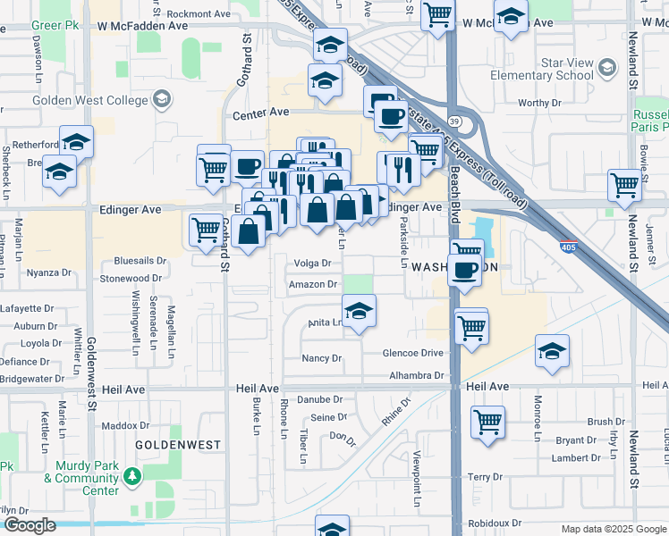 map of restaurants, bars, coffee shops, grocery stores, and more near 12 Sher Lane in Huntington Beach