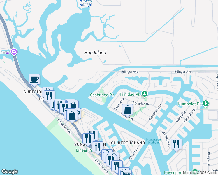 map of restaurants, bars, coffee shops, grocery stores, and more near 16146 Twinkle Circle in Huntington Beach